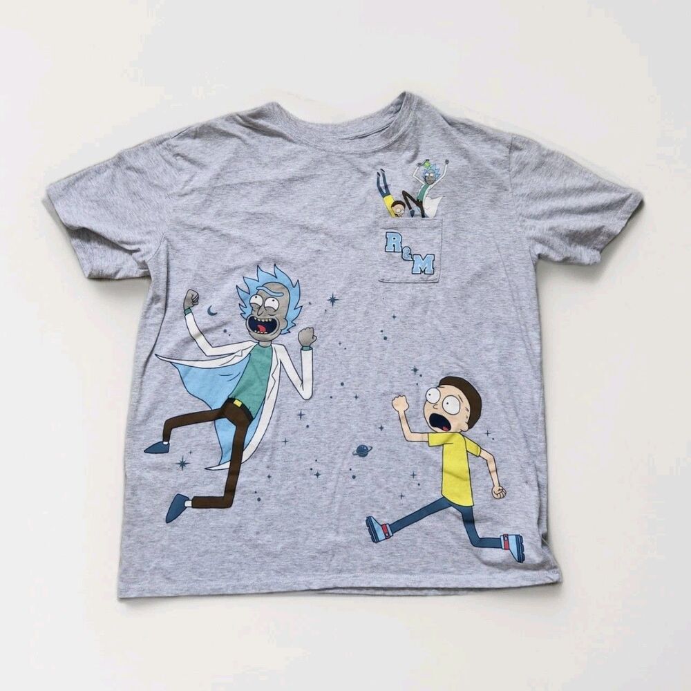 Rick & Morty Graphic Print Pocket Shirt  Short Sleeve Gray Crewneck Jr XXL EUC